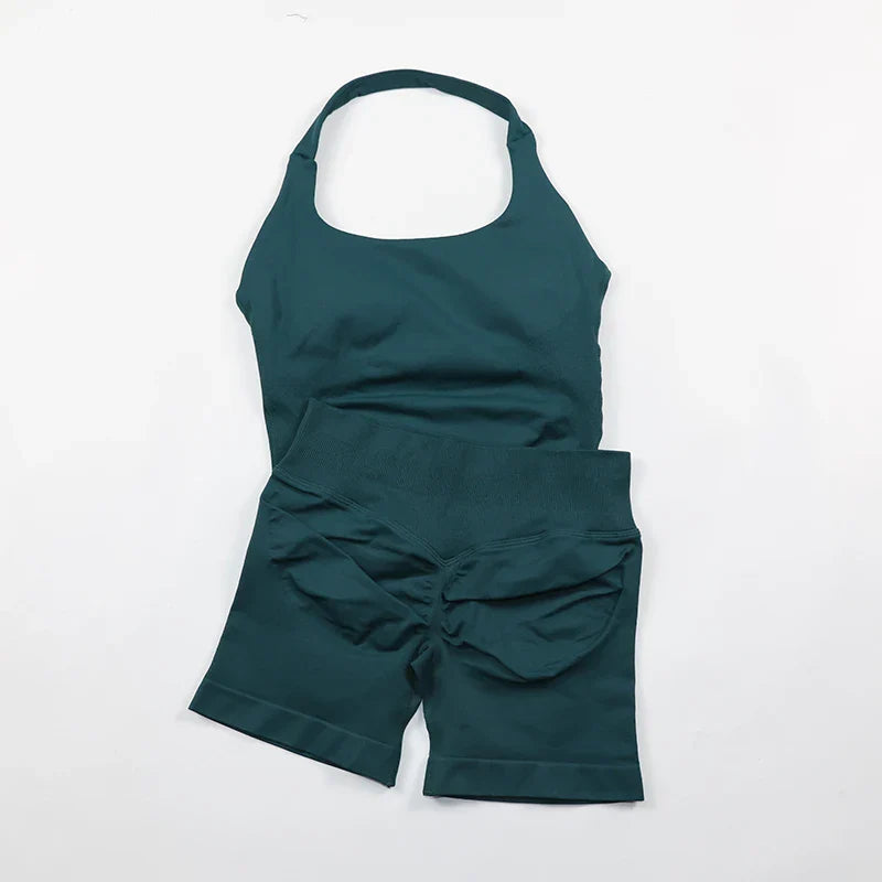 Seamless Yoga Set Womens Backless Halter Tank Top Ribbed Waist Gym Shorts 2 Piece Sets Women Outfit Workout Clothes