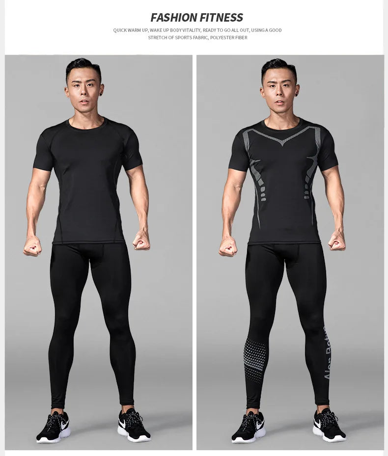 Mens 1-2 Pcs Compression Pants Sport Training Dry Fit Running Tights Fitness Jogging Shorts Summer Basketball Legging Masculina