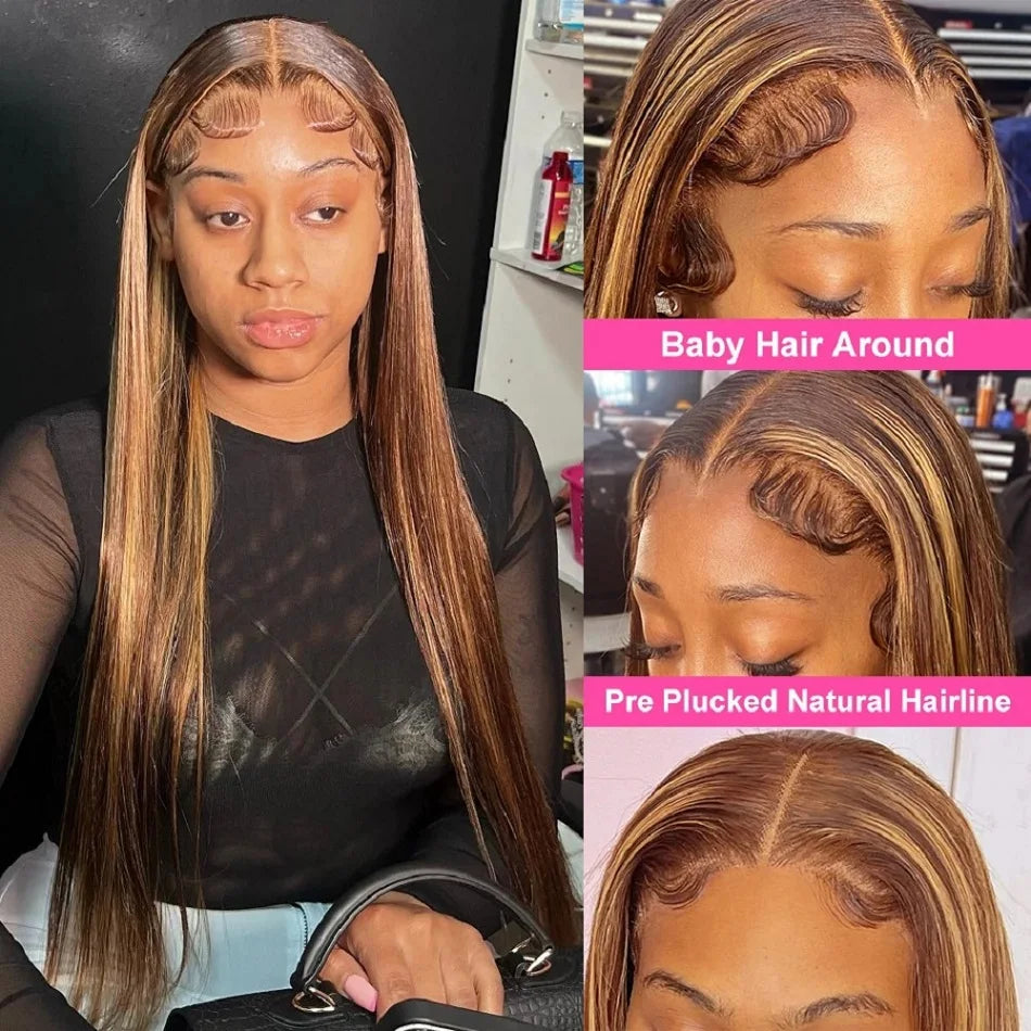 Highlight Straight Human Hair Wigs Brazilian Honey Brown Colored 13x4 Lace Front Wigs Preplucked 13X6 Lace Frontal Wigs