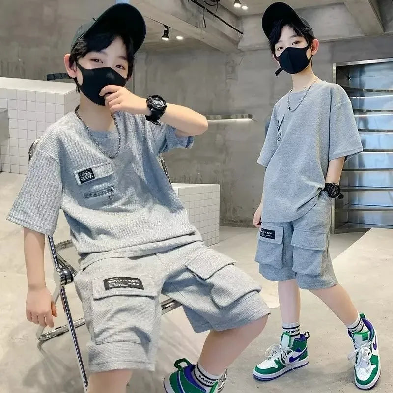 Summer Kids Boys T-Shirt+Shorts 2-Piece Set Letter Printing New Children Teen Loose Comfortable Sports Casual Clothes For 4-14 Y