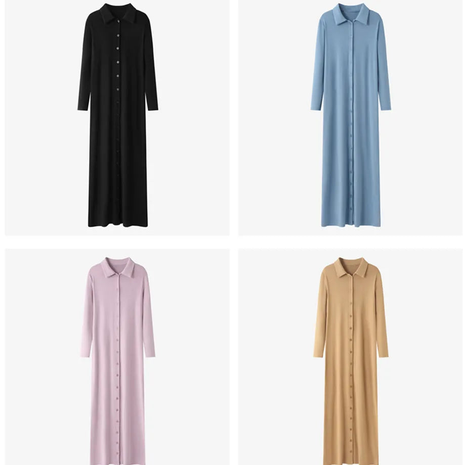 Maxi dress button design woman clothes full sleeve Ankle Length comfortable ribbing clothing  ( Ship out in 1 day)