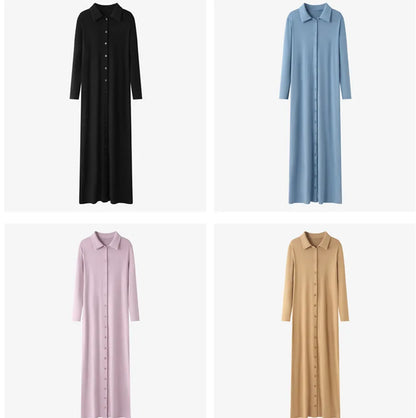 Maxi dress button design woman clothes full sleeve Ankle Length comfortable ribbing clothing  ( Ship out in 1 day)