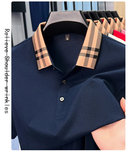 Fashion brand plaid lapel short sleeve polo shirt men summer new style simple solid color high-end business casual golf T-shirt