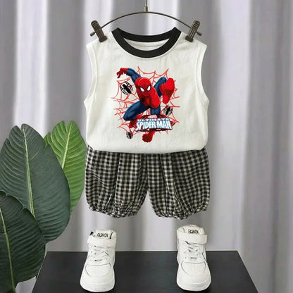 Summer Cute Cartoon Printed Boys Casual Outfits Kids Fashion Plaid Shorts Sets Children Sleeveless Top and Bottom Two Piece Sets