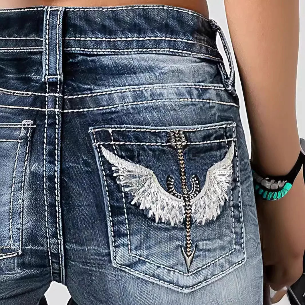 Women Embroidery Pockets Distressed Jeans