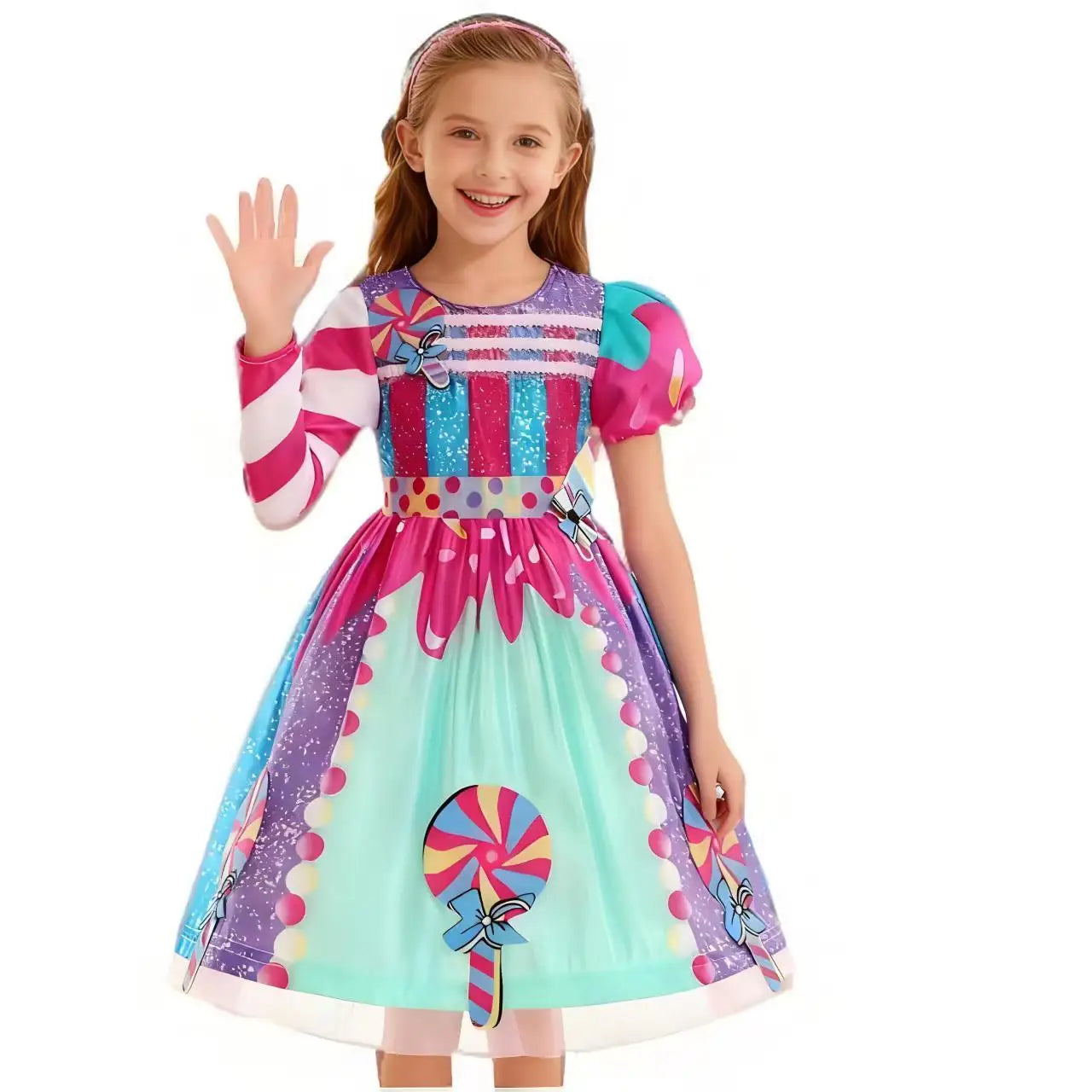 Presente Clássico para Festa de Carnaval de Purim para Meninas Vestido Arco-Íris Assimétrico Longo e Curto com Manga Doce Conjunto de Vestidos Fofos para Férias de Natal