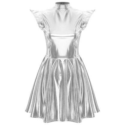 Womens Cocktail Dress Shiny Metallic Dress Alien Space Cap Sleeve High Waist A-line Dress for Halloween Party High Street Dress