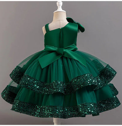 Girl's New Sequined Bow Irregular Collar Mesh Princess Dress Christmas Birthday Party Sweet and Cute Evening Dress