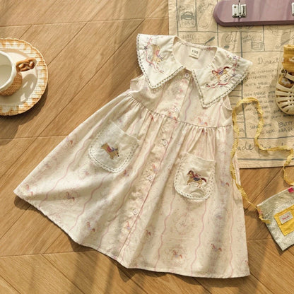 New Summer Girls' Clothing for 2-7 Years Old Korean Version Fashionable Daily Pony Embroidery Lapel Sleeveless Printed Dress