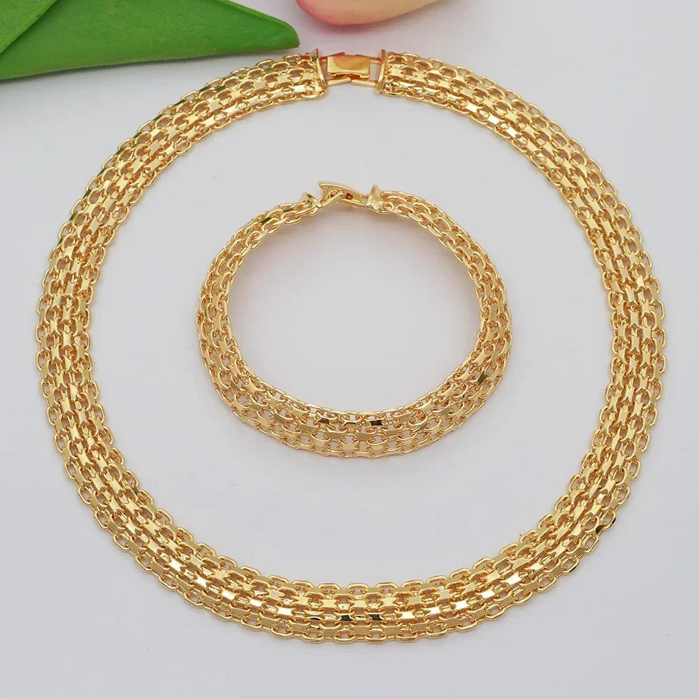 Dubai Luxury Handmade Women Jewelry Set 18k Gold-Plated Chain Necklace Bracelet Stud Earring Full Set Party Wedding Bijoux