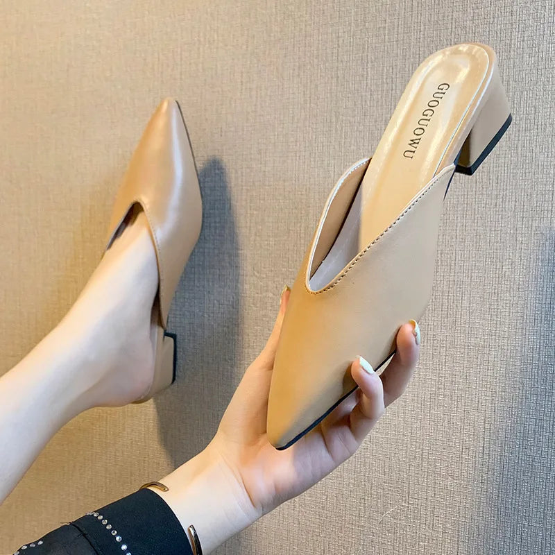 Pointed Slippers Women High Heels 2025 New Summer Shoes Fashion Luxury Slides Slip Loafers Square Heel Female Party Shoes