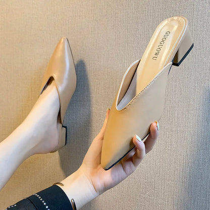 Pointed Slippers Women High Heels 2025 New Summer Shoes Fashion Luxury Slides Slip Loafers Square Heel Female Party Shoes