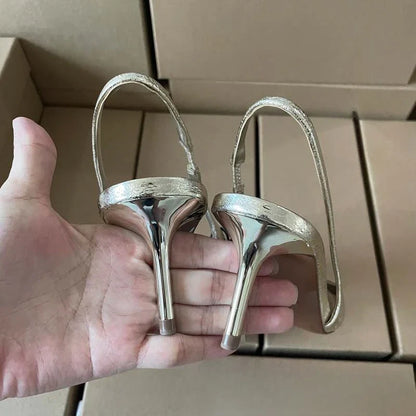 Sapatos femininos de salto alto para escritório e carreira Bico fino sexy Design conciso Dourado brilhante para festa à noite Scarpin slingback
