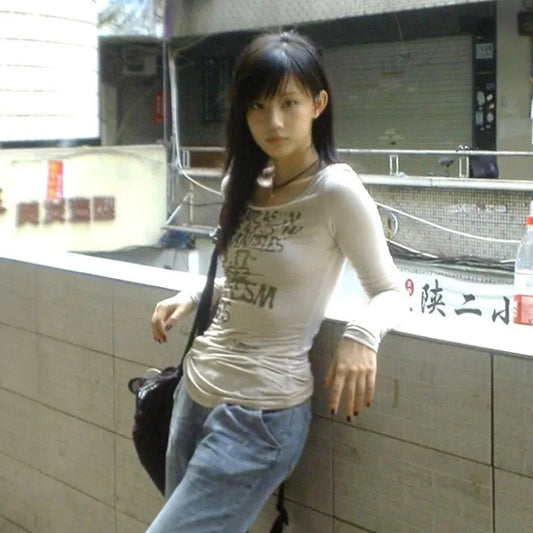 Japanese Y2k Letter Print T-shirt Trashy 2000s Style Long Sleeve Ribbed Tops Vintage Harajuku Streetwear American Retro