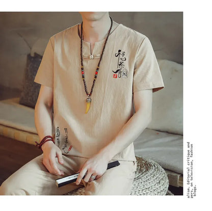 (Shirt + trousers) 2025 summer Chinese Style men shirt Cotton and linen shirts men's High quality casual shirts Two Piece M-5XL