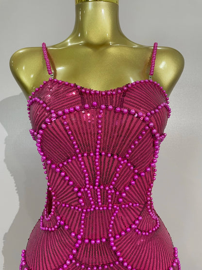 Women Hot Sale Sleeveless Sexy Strap Pearl Beading Sequins Bodycon Long Dress Celebrate Evening Party Birthday Outfit Vestido