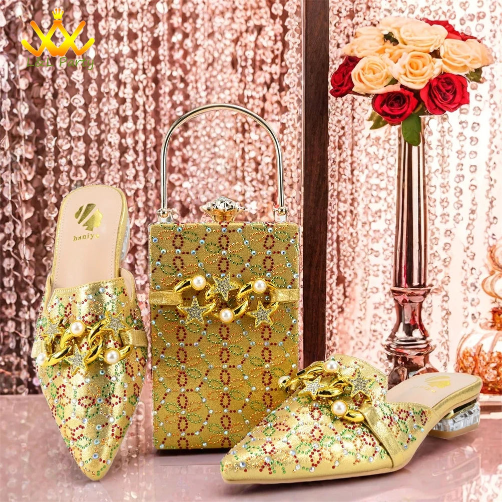 Low Heels Comfortable Sweet Style Italian Design Shoes Matching Bag Set in Orange Color High Quality with Crystal for Dress