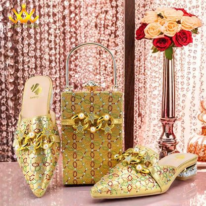 Low Heels Comfortable Sweet Style Italian Design Shoes Matching Bag Set in Orange Color High Quality with Crystal for Dress