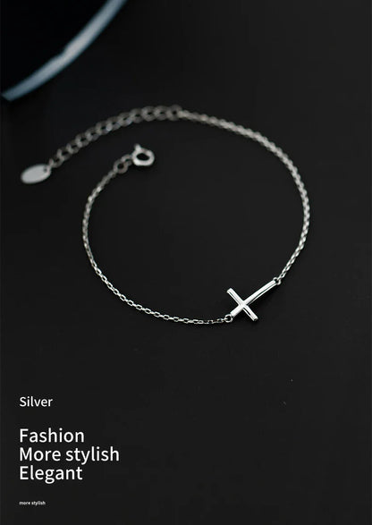 Real 925 Sterling Silver Smooth Cross Bracelet For Women Shiny Link Chain Bracelet Fine Jewelry Valentine's Day Gift