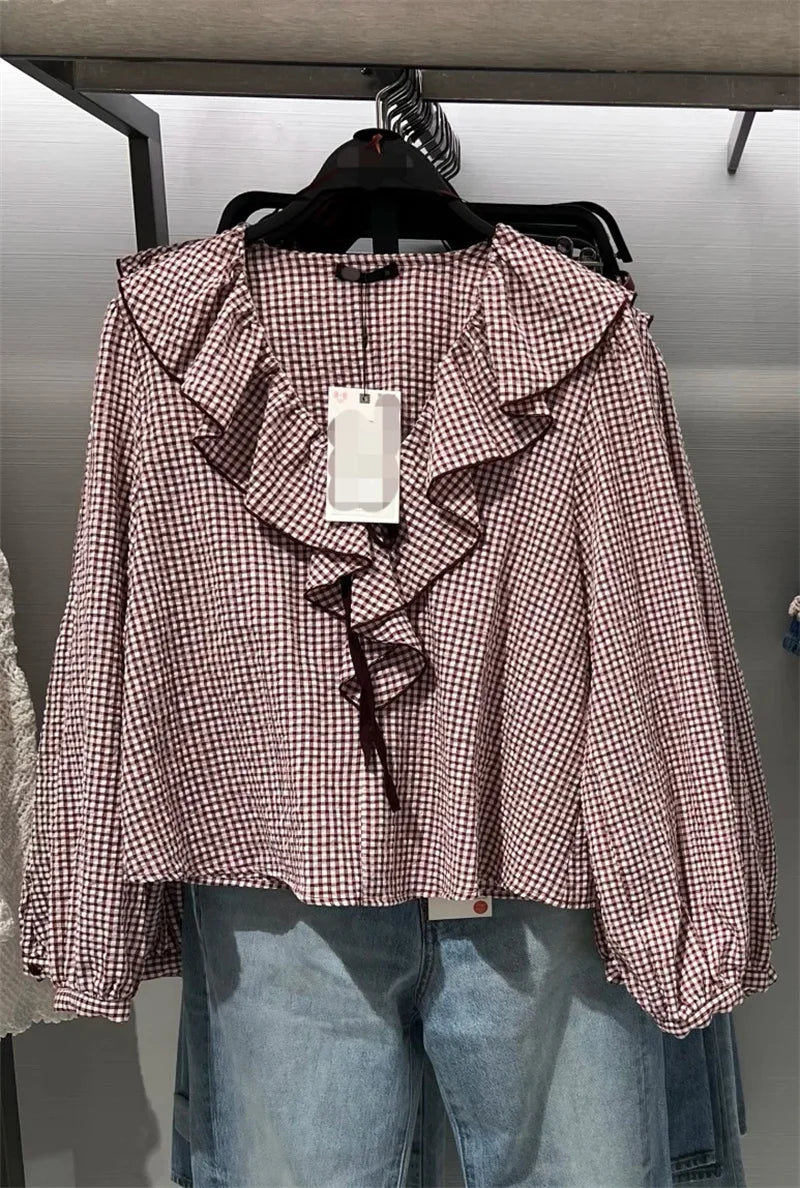 Elegant Fashion Chidori Plaid Ruffles Chiffon Shirt Spring 2025 Ruffled Neck Long Butterfly Sleeve Loose Tops Women's Clothing