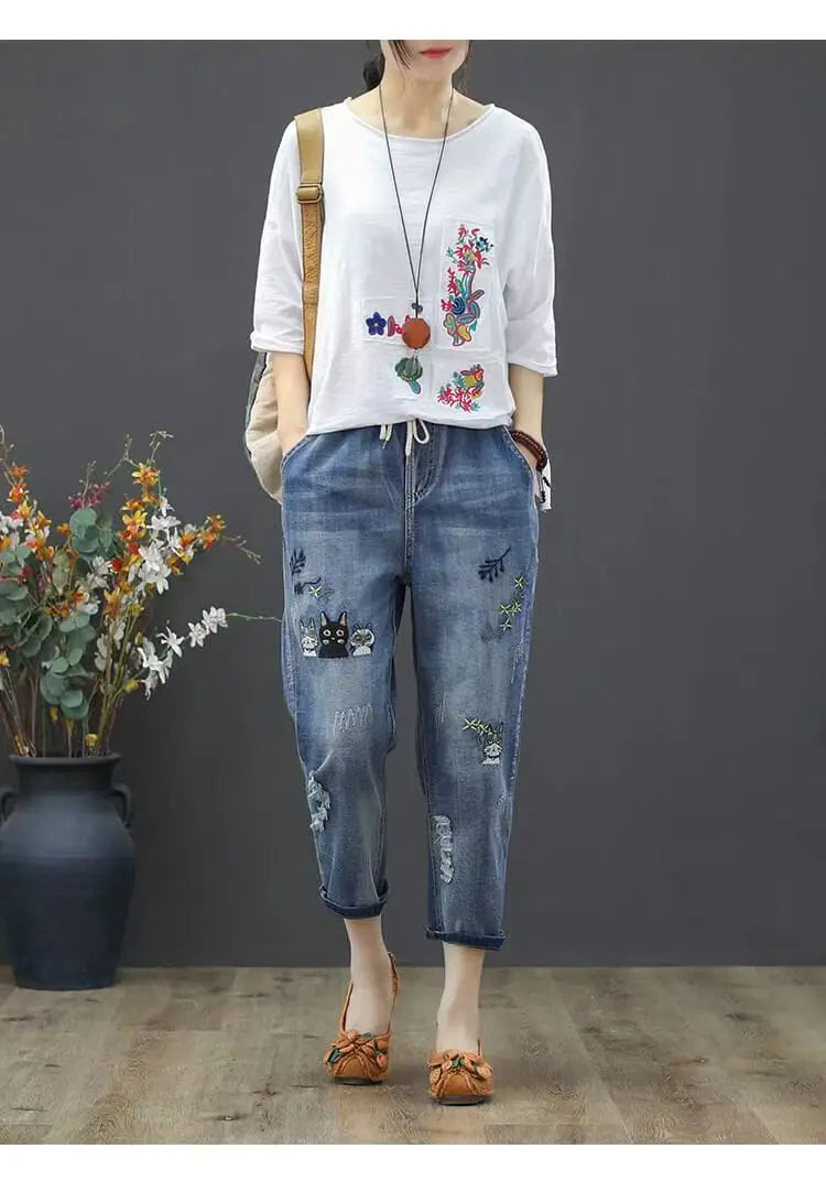 Womens Vintage Floral Loose Denim Pants 2025 Spring Chinese Style Casual Ripped Blue Jeans Holes Elastic Harem Trousers