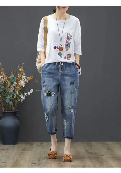 Womens Vintage Floral Loose Denim Pants 2025 Spring Chinese Style Casual Ripped Blue Jeans Holes Elastic Harem Trousers