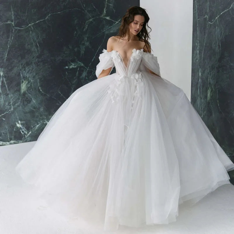 3D FlowerWedding Dresses with Detachable Sleeves Wedding Gowns Sweetheart Bridal Dresses Open Back Appliqued