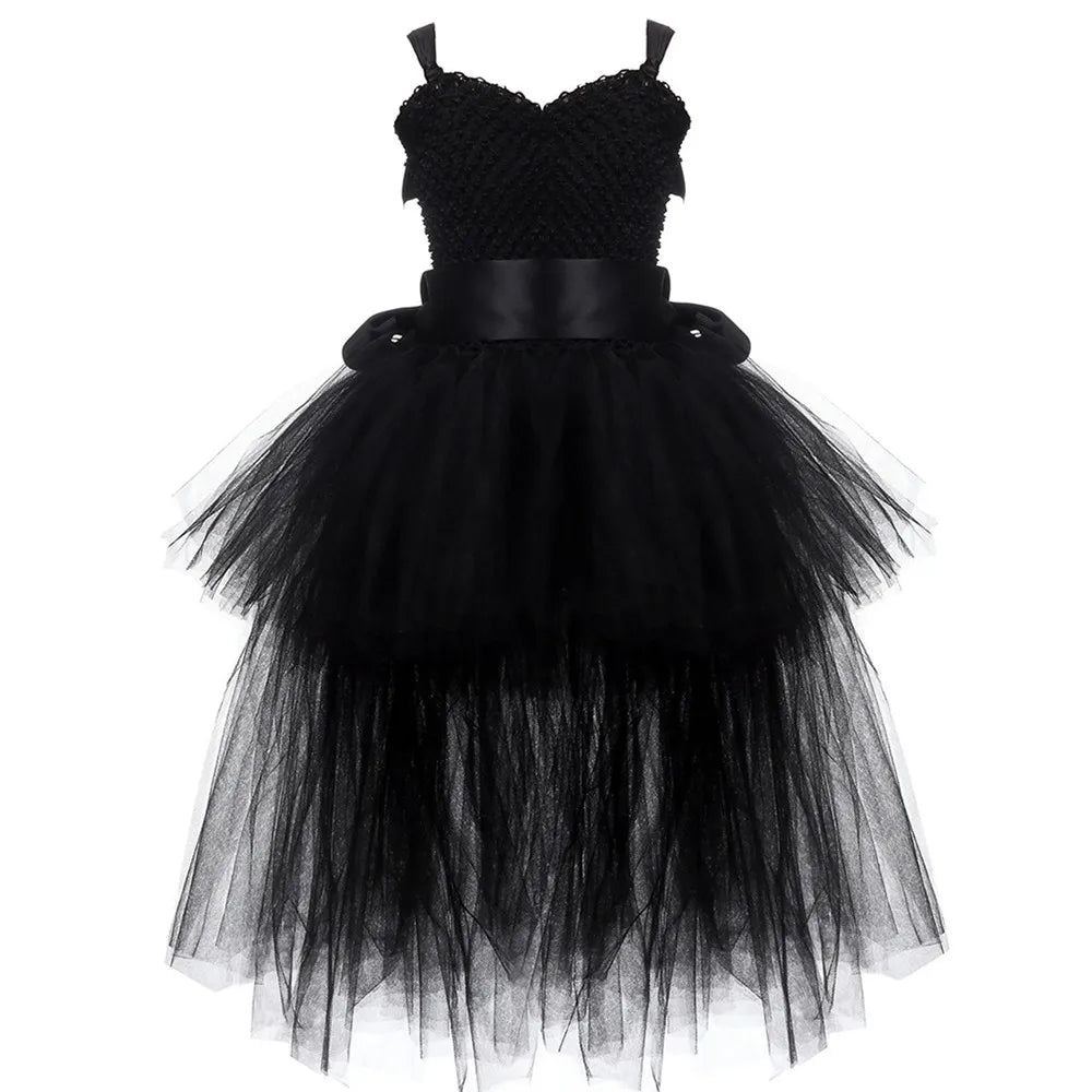 Vestido Tutu Rosa e Preto para Meninas, Vestido de Tule com Cauda e Decote V para Festa de Aniversário, Vestido de Baile para Meninas, Fantasias de Halloween Infantis