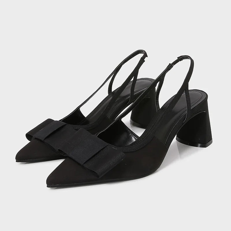 2026 Patent Leather Pointed Toe Heeled Sandals Women Elegant Bow Decoration Chunky Heel Pumps Luxury Designer Heels for Ladies
