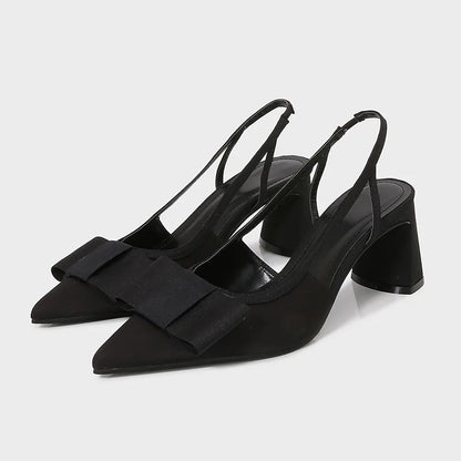 2026 Patent Leather Pointed Toe Heeled Sandals Women Elegant Bow Decoration Chunky Heel Pumps Luxury Designer Heels for Ladies