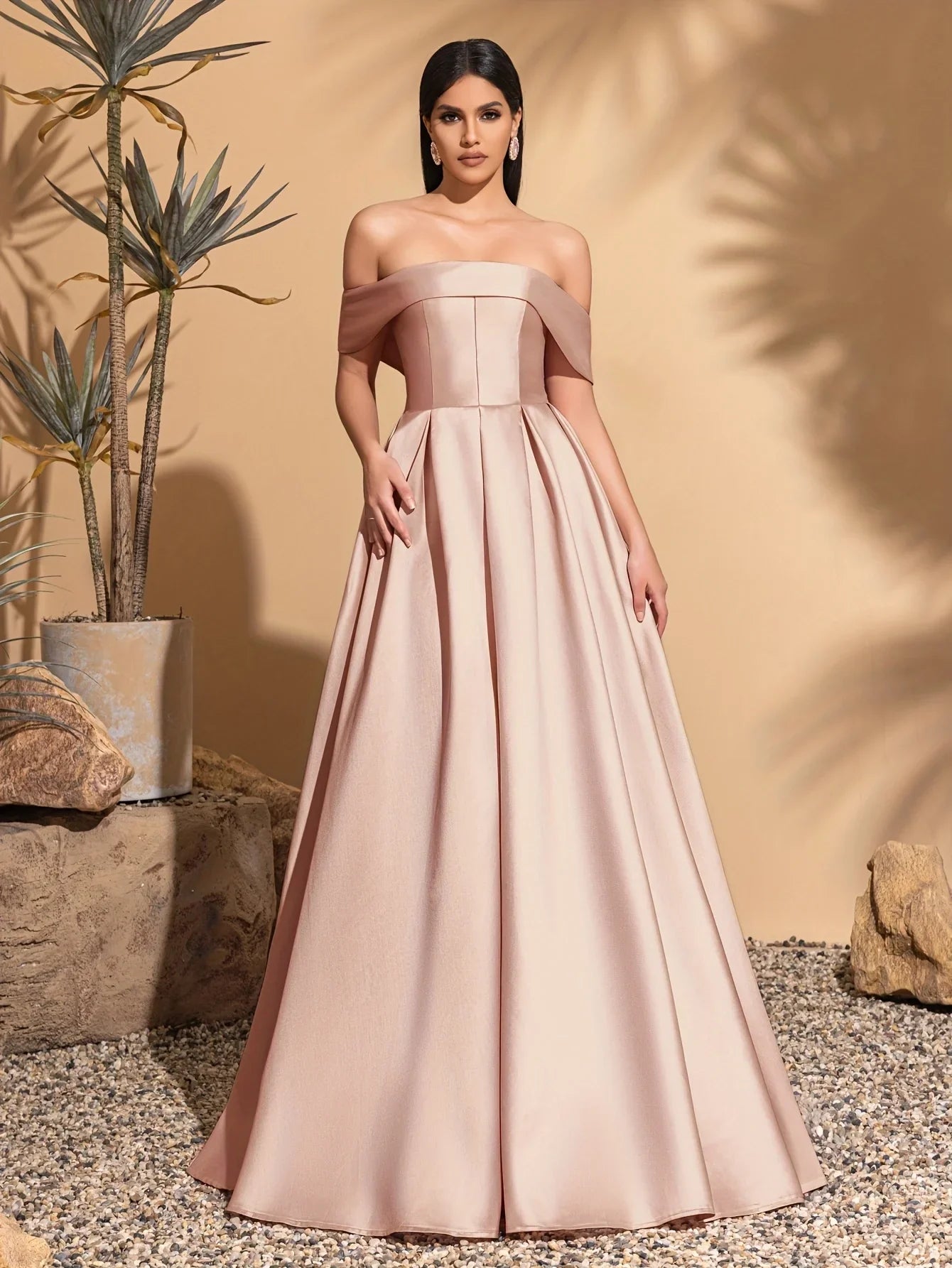 Off-the-shoulder satin dress with back tie, elegant and chic dress