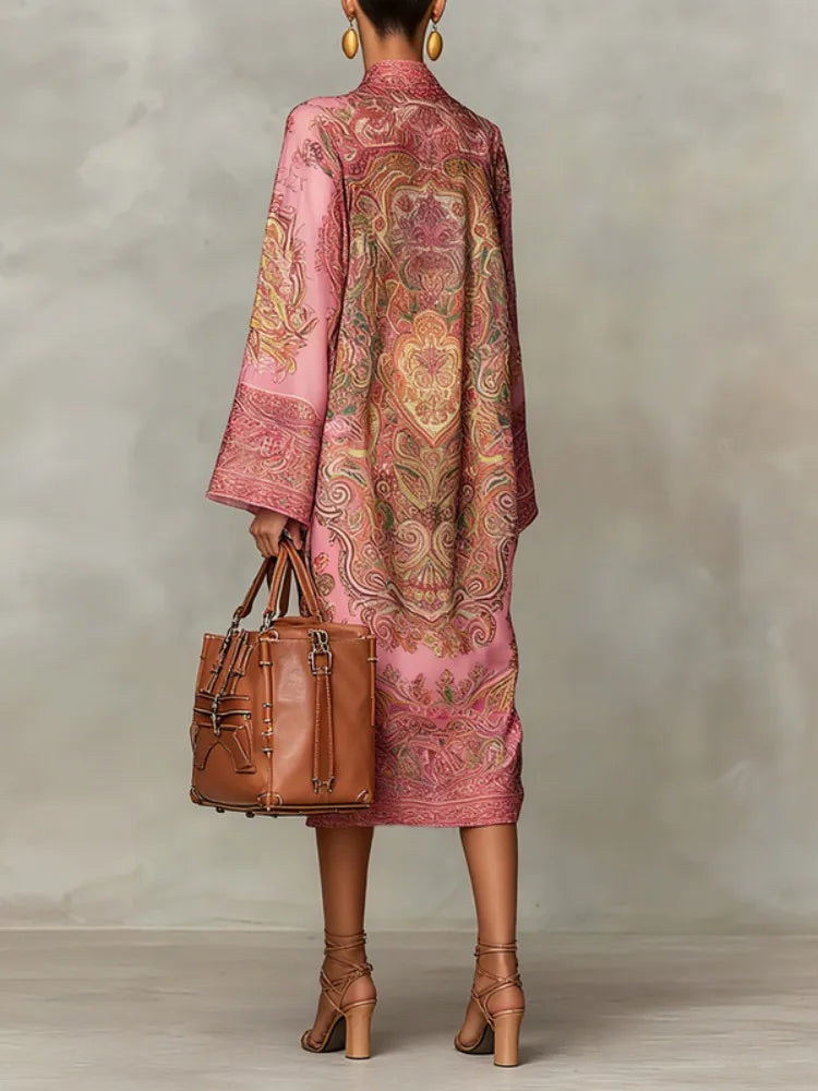 Women's Vintage Elegant Printed High Neck Kaftan Dress Long Sleeves Loose Elegant Evening Midi Dresses Robe 2026 New