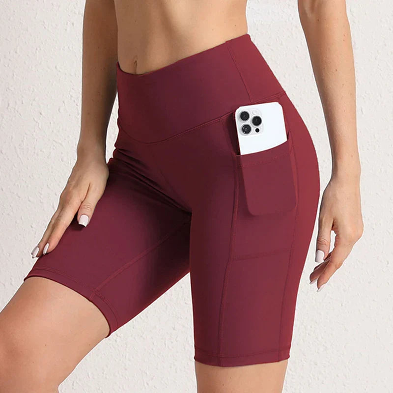 Women Yoga Shorts with 3 Pockets Seamless Gym Fitness Tights Elastic Cycling Shorts Female Solid Color Leggings