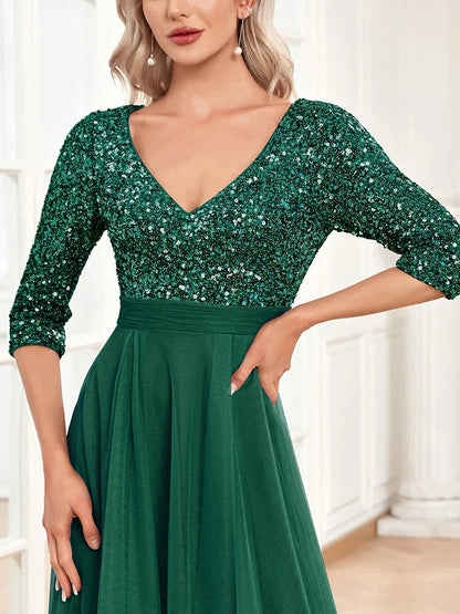 Luxury Floor Length V-Neck Evening Dress 2025 Women Elegant Party Maxi Dress Sequin Short Sleeves Prom Cocktail Gown
