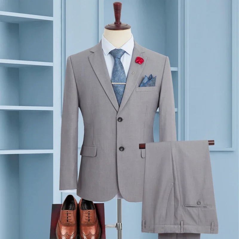 Plus Size Men‘s Suits Elegant Single Breasted Business Jacket Pants For Host Groom Groomsmen Grey Black Navy 2-Piece Suit Set