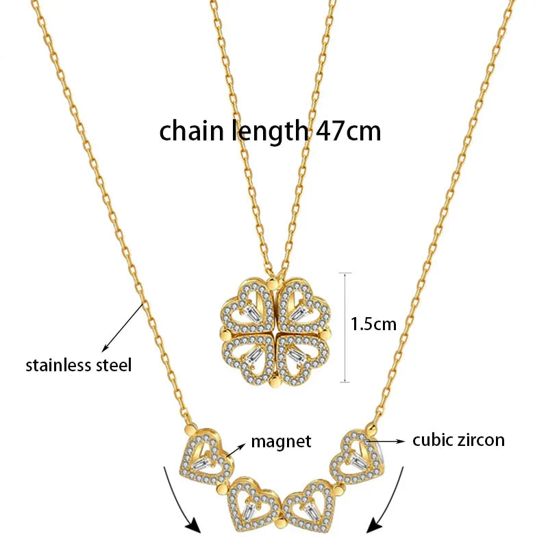 Transform Luxury Four Leaf Clover Pendant Necklace  Stainless Steel Crystal Gold Color Heart Jewelry for Women Gift