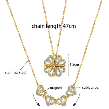 Transform Luxury Four Leaf Clover Pendant Necklace  Stainless Steel Crystal Gold Color Heart Jewelry for Women Gift