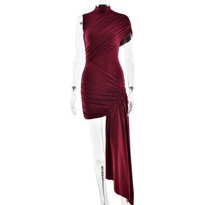 Summer Draped Ruched Sexy Mini Dress Women 2025 New Irregular High Waist Slim Fit Dress Female Elegant Club Tank Dress