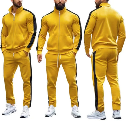 2025 Spring Autumn Men's 2-Piece Set Color Blocking Zipper Stand Collar Casual Sports Jacket Sweatshirt Trousers Suit