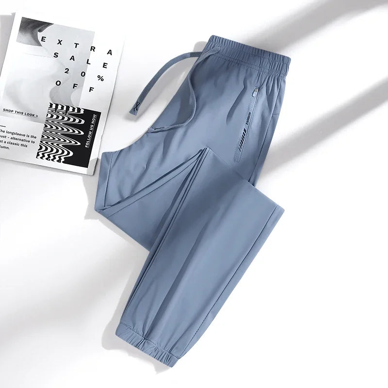 New High Quality Ice Silk Men's Women's Pants Summer Thin Loose Quick Drying Breathable Sports Straight Leg Tie Casual Pants