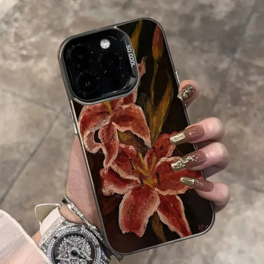 Painting Lily Flower Phone Case For iPhone 17 Air 16 15 14 13 12 11 Pro Max 7 8 Plus Black Hard Cover