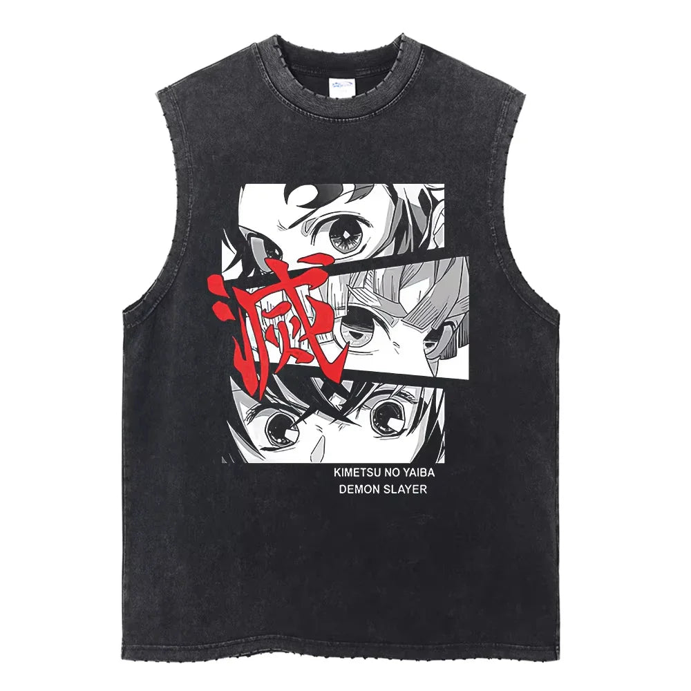 Anime Demon Slayer Printed Men's Tank Tops Summer Y2k Washed Cotton Vintage Gym Vest Women's Casual Sleeveless Shirts Steetwear