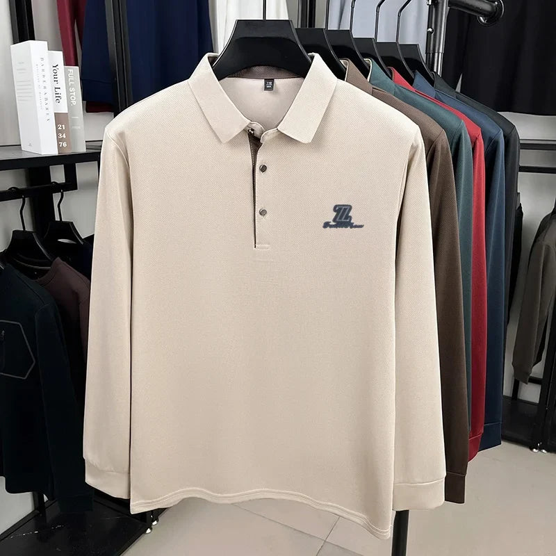 Men's High End Brand Print Solid Color Lapel Polo Shirt Autumn New Skin Friendly Long Sleeved T-shirt Fashion Versatile Menswear