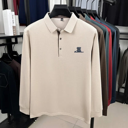 Men's High End Brand Print Solid Color Lapel Polo Shirt Autumn New Skin Friendly Long Sleeved T-shirt Fashion Versatile Menswear