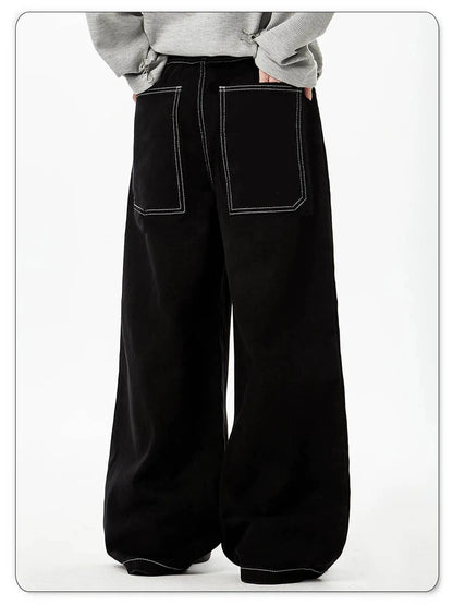 Spring Summer Men's Retro Black Baggy Wide Leg Jeans American Basic Unisex Daily Casual Denim Pants Women's Black Stacked Jeans