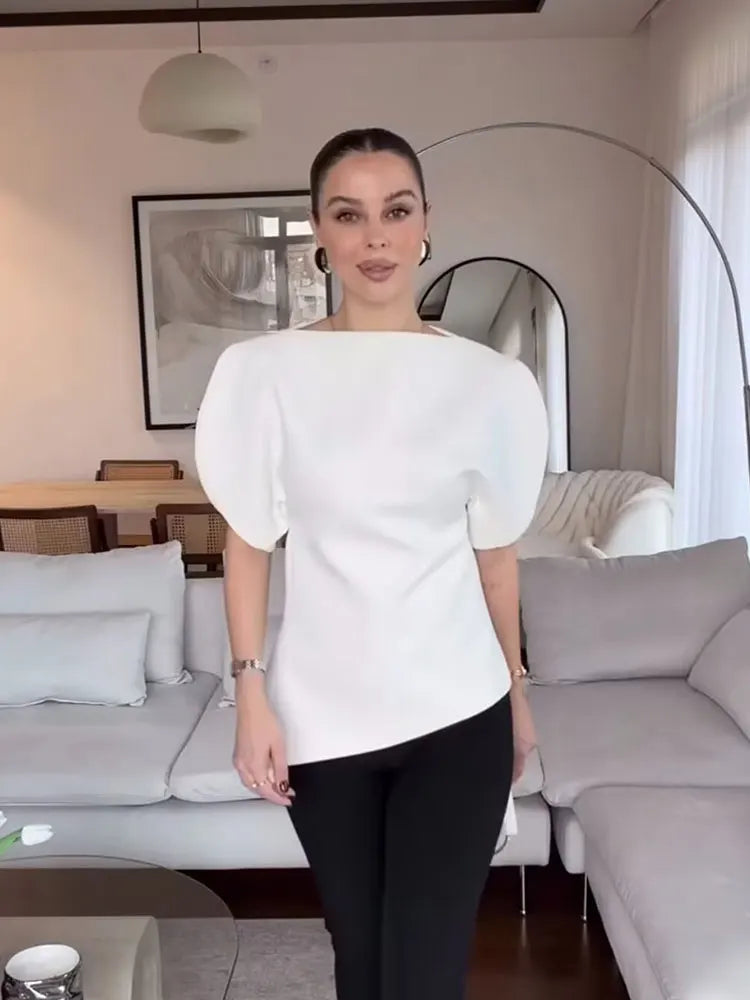 Women Vintage Black Short Puff Sleeve Shirts O Neck Asymmetrical Hem Blouse 2026 Spring Trend High Street Lady Chic Tops