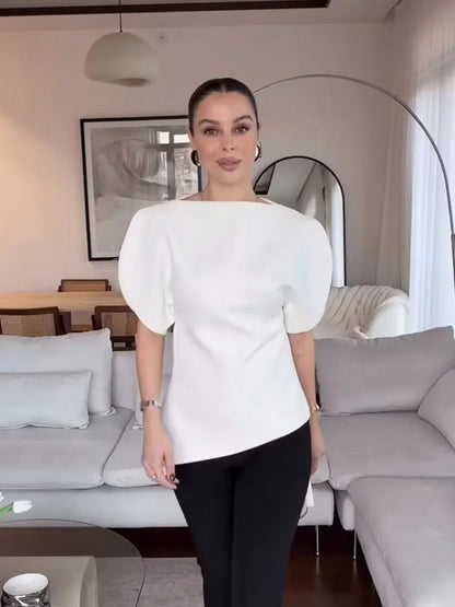 Women Vintage Black Short Puff Sleeve Shirts O Neck Asymmetrical Hem Blouse 2026 Spring Trend High Street Lady Chic Tops