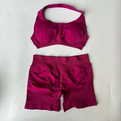 Yoga Shorts Set Seamless Yoga Set Workout Scrunch Shorts Sets Halter Sports Bra Scrunch Shorts Fitness Clothes Gym Suit