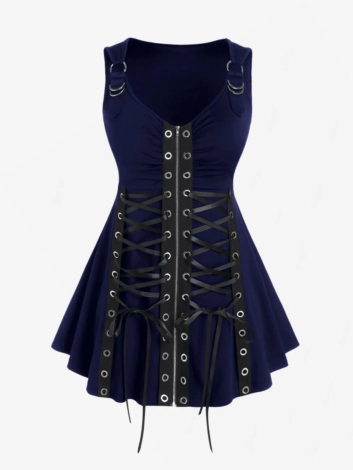 Plus Size Gothic Full Zipper Grommets Camis Tops Buckle Strap Plaid Vest Women Summer Sweetheart Neck Empire Waist Tanks