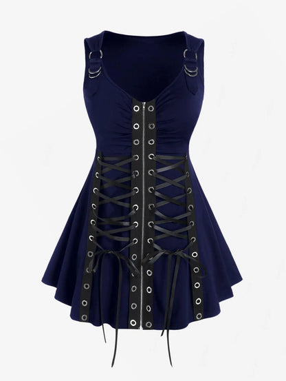 Plus Size Gothic Full Zipper Grommets Camis Tops Buckle Strap Plaid Vest Women Summer Sweetheart Neck Empire Waist Tanks
